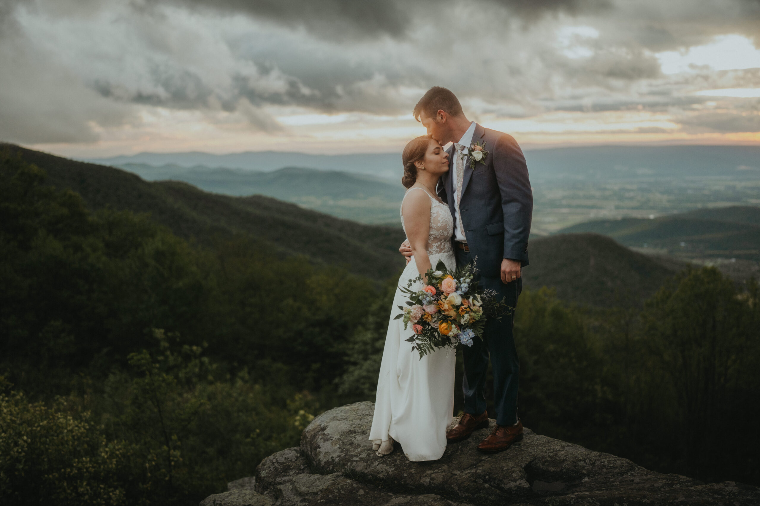 Shenandoah National Park Wedding couple kissing sunset