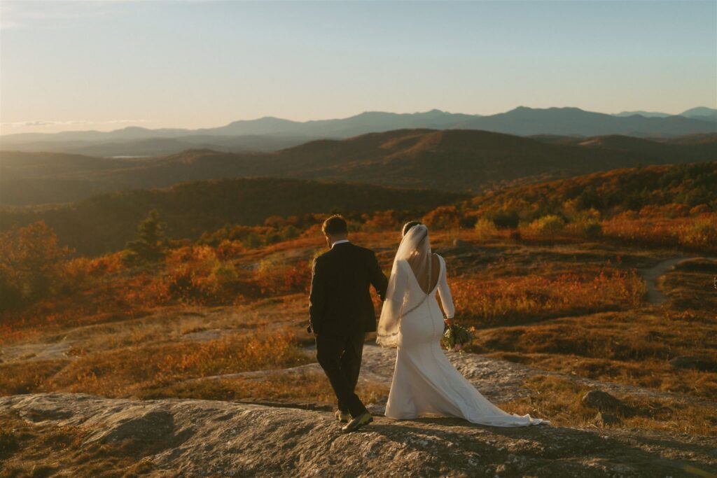 New Hampshire fall elopement on a White Mountains summit at sunset with mountain views